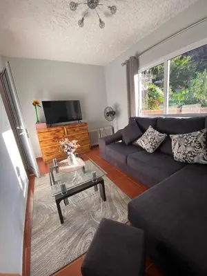 a living room with a couch and a tv at 2 bed room apartment , sea view, 10 minutes walk to the beach in Ribeira Brava