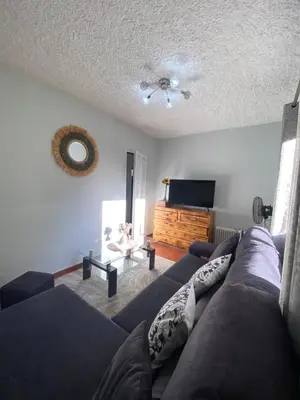 a living room with a couch and a television at 2 bed room apartment , sea view, 10 minutes walk to the beach in Ribeira Brava